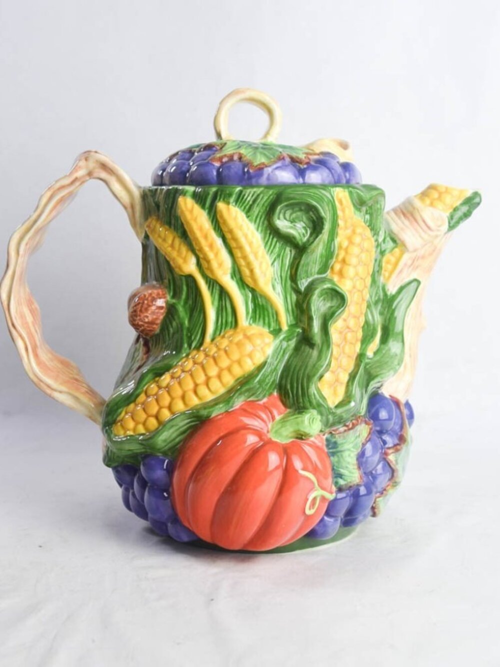 Flowers Inc Balloons Fall Harvest Ceramic Teapot Majolica Corn Grapes Pumpkin